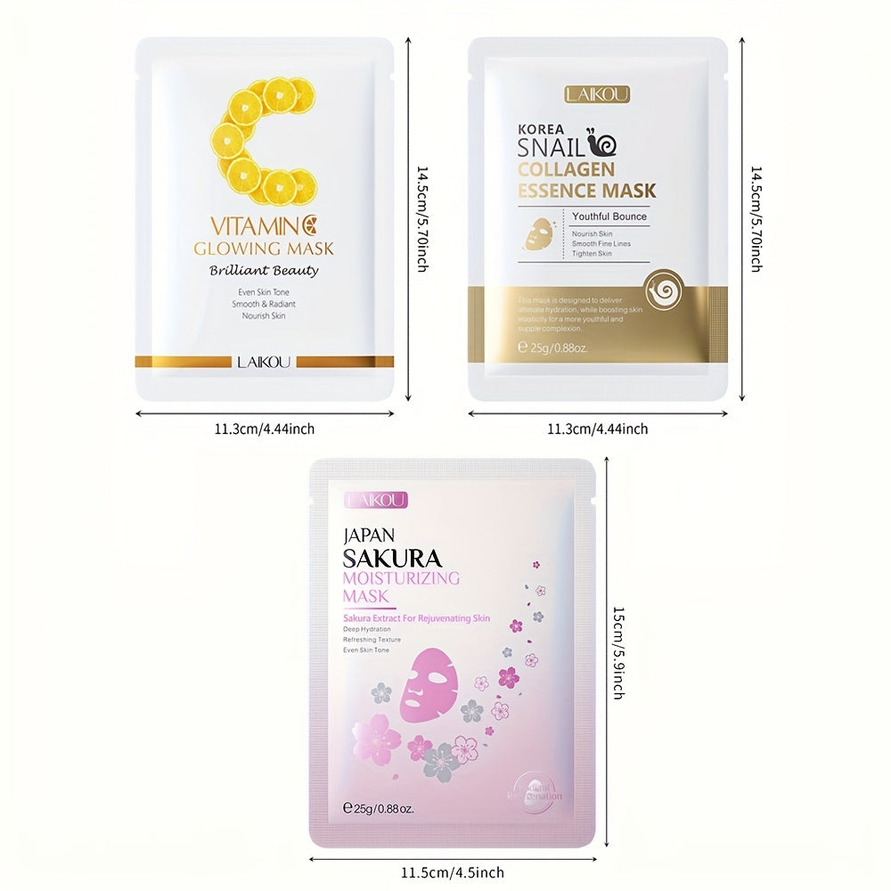 LAIKOU 20pcs Hydrating & Nourishing Sheet Masks - Vitamin C, Snail Collagen & Sakura Essence, Moisturizing, Glycerin, Low Allergy, For Ladies