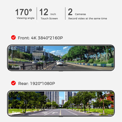 OBDPEAK H6 12" 4K Dual Lens Dash Cam WIFI GPS Rear View Mirror Camera Touch Screen Streaming Video Recorder Car DVR