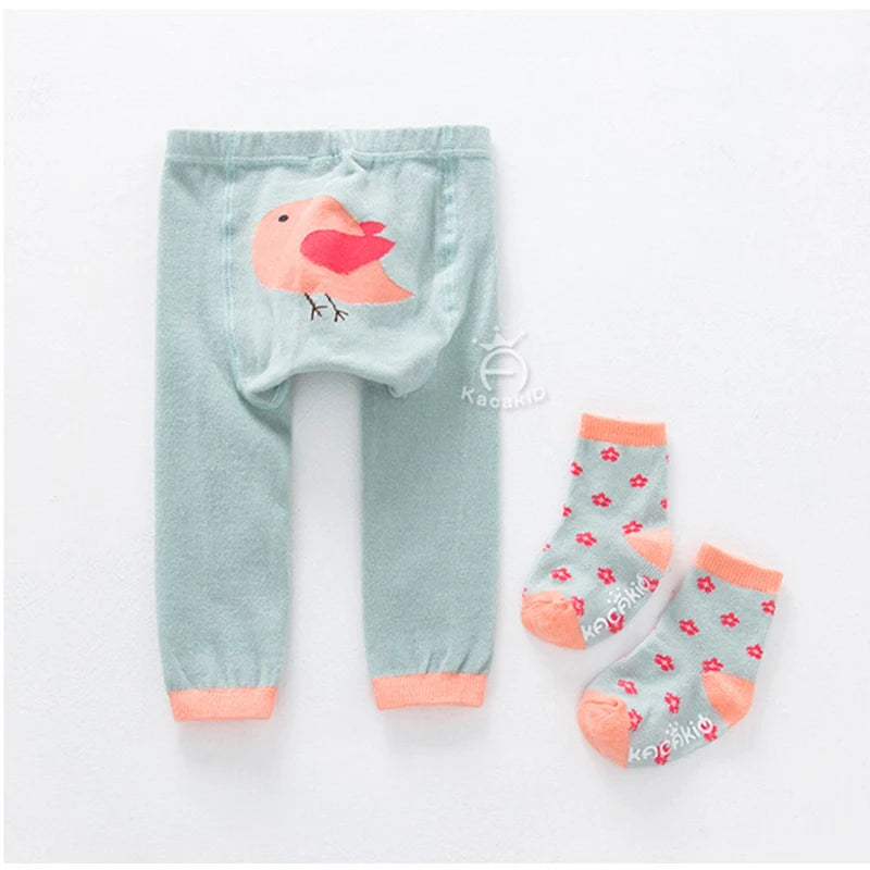 Baby Boy Girl Cartoon PP Pants with Sox Infant Toddler Animal Cotton Elastic Panti Hose Skinny Pants Kids Tights Spring