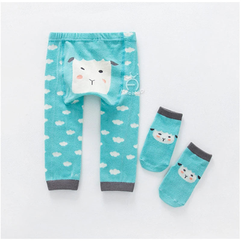 Baby Boy Girl Cartoon PP Pants with Sox Infant Toddler Animal Cotton Elastic Panti Hose Skinny Pants Kids Tights Spring