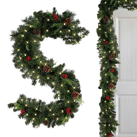 1.8M DIY Christmas Garland Outdoor Artificial Pine Thick Battery Powered 2 Lighting Modes Red Berry