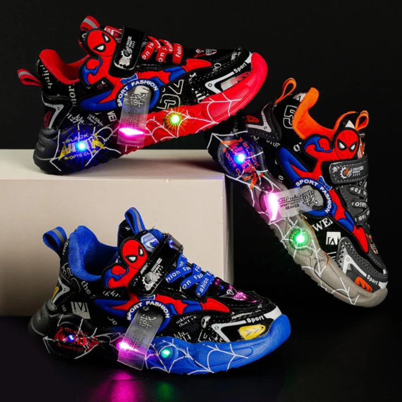 Disney LED Casual Sneakers Red Black for Boys Spiderman Lighted Non-slip Shoes Size 21-30