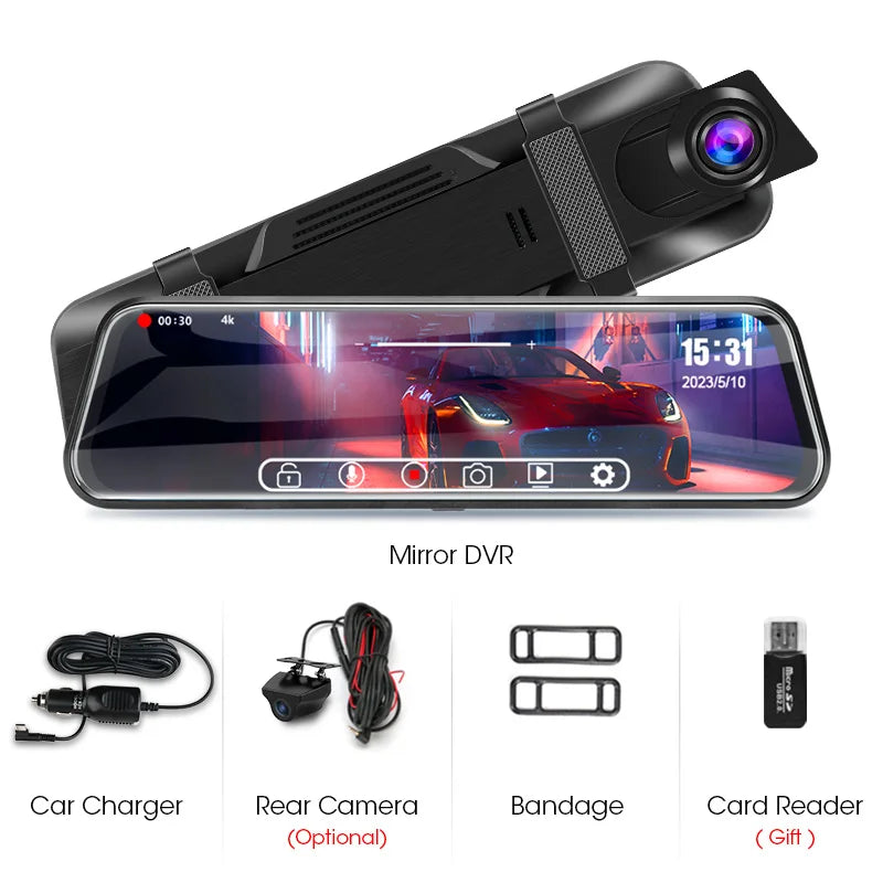 Jansite 10" Car DVR 4K+1080P Dash cam Touch Screen 2160P Dual Lens Rear View Mirror Backup Camera GPS Track Playback 24H Parking