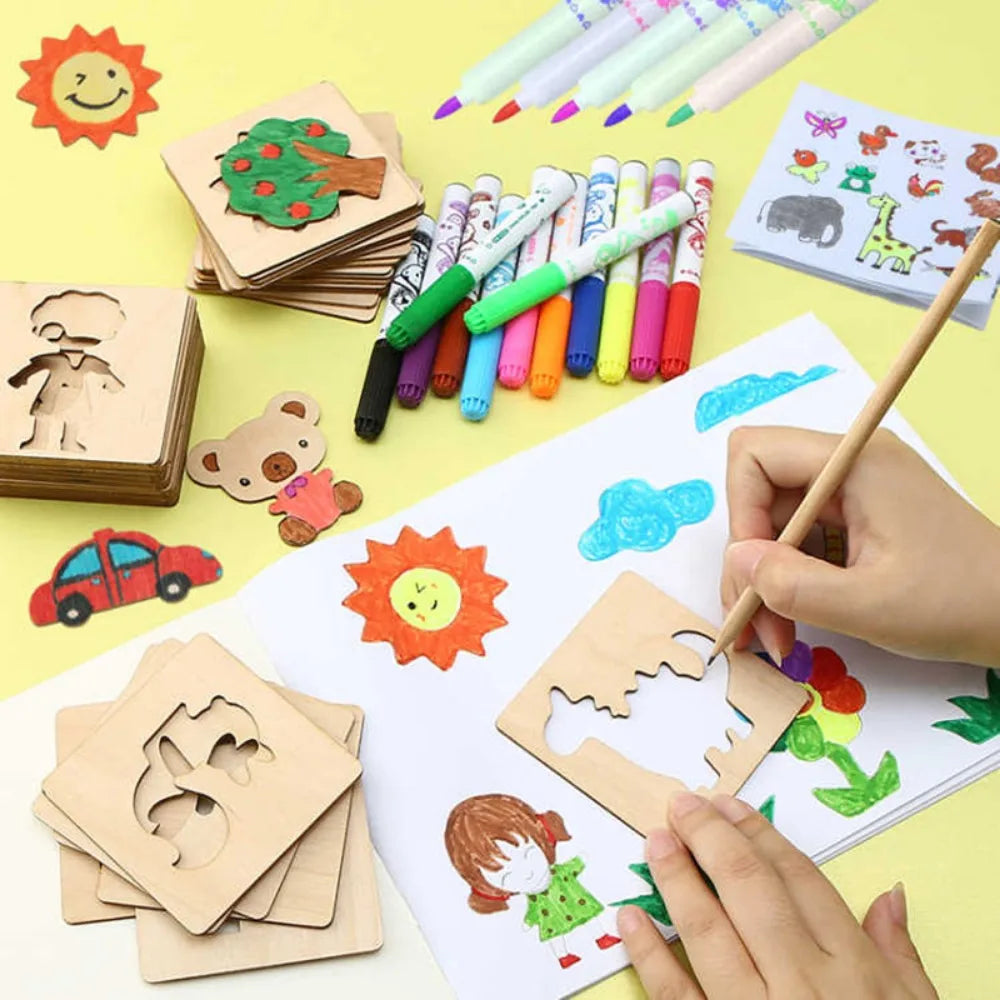 20Pcs Montessori Kids Drawing Toys Wooden DIY Painting Template Stencils Learning Educational Toys for Children