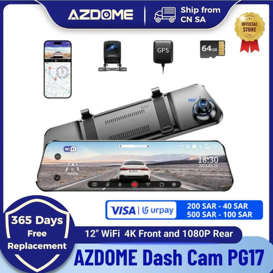 AZDOME PG17 12" WiFi Mirror Dash Cam 2.5K Front and 1080P Rear View Mirror Camera for Cars Dual Camera Waterproof Backup Camera