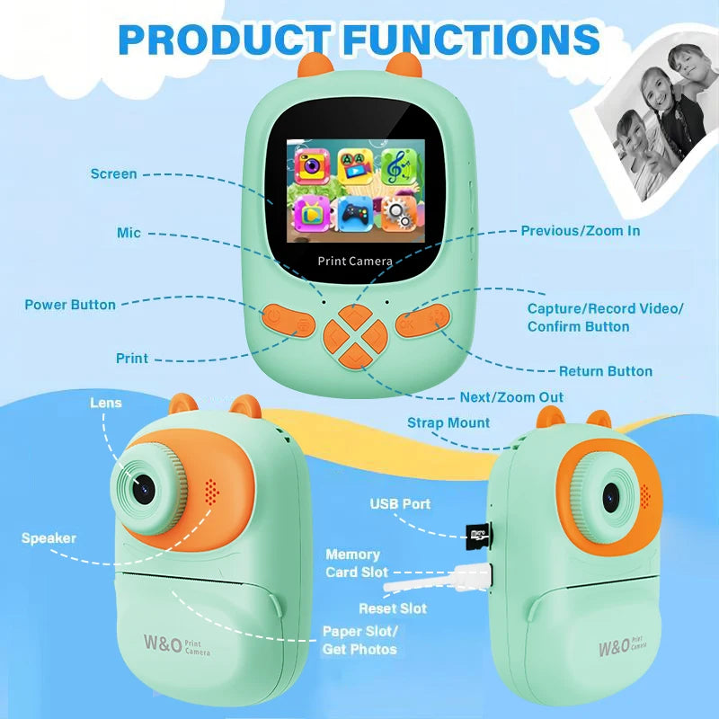 W&O Q2 1080P 48MP Instant Photo Camera Cute Mini Portable Film Printer HD Vlog Shooting Camera Video Record Children Gift