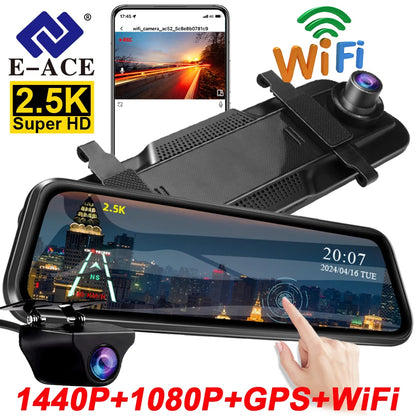 E-ACE 2.5K Mirror Camera For Car Touch Screen Video Recorder Rearview Mirror Dashcam 1440P GPS Wifi 24H Parking DVR Black Box