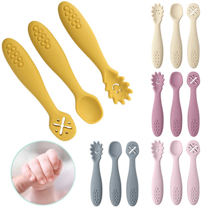 3PCS Cute Baby Learning Spoons Utensils Set Newborn Feeding Spoon Set Toddler Scoop