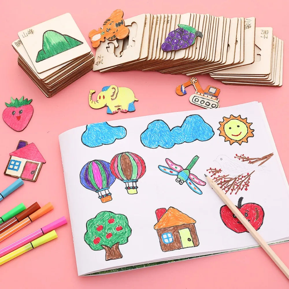 20Pcs Montessori Kids Drawing Toys Wooden DIY Painting Template Stencils Learning Educational Toys for Children