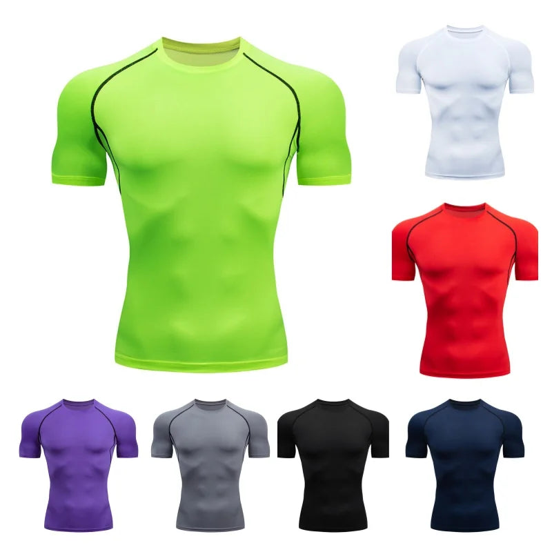 Camiseta esportiva masculina de secagem rápida, manga curta, camiseta esportiva, academia, fitness, camiseta de compressão, treinamento, corrida, camiseta masculina Rashgard