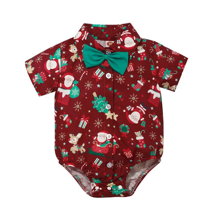 Baby Boy Shirt For Christmas Infant Toddler Short Sleeve Santa Claus Shirts Romper with Bowtie Boys Xmas Clothes Red Green