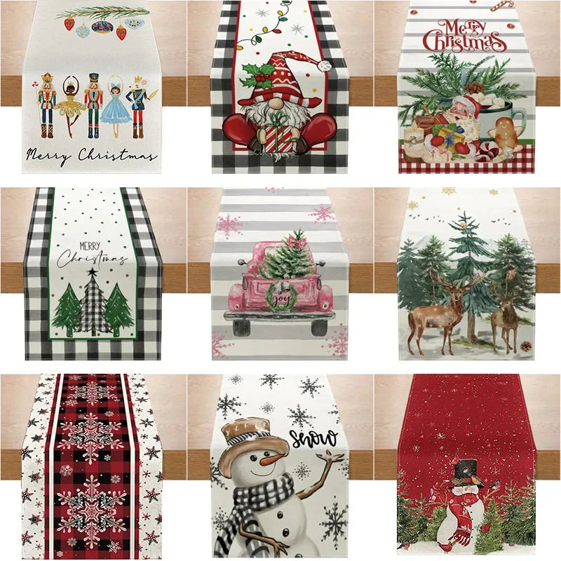 Linen Christmas Table Runner Snowman Dining Table Cover Tablecloth Navidad Noel Decorations 2025