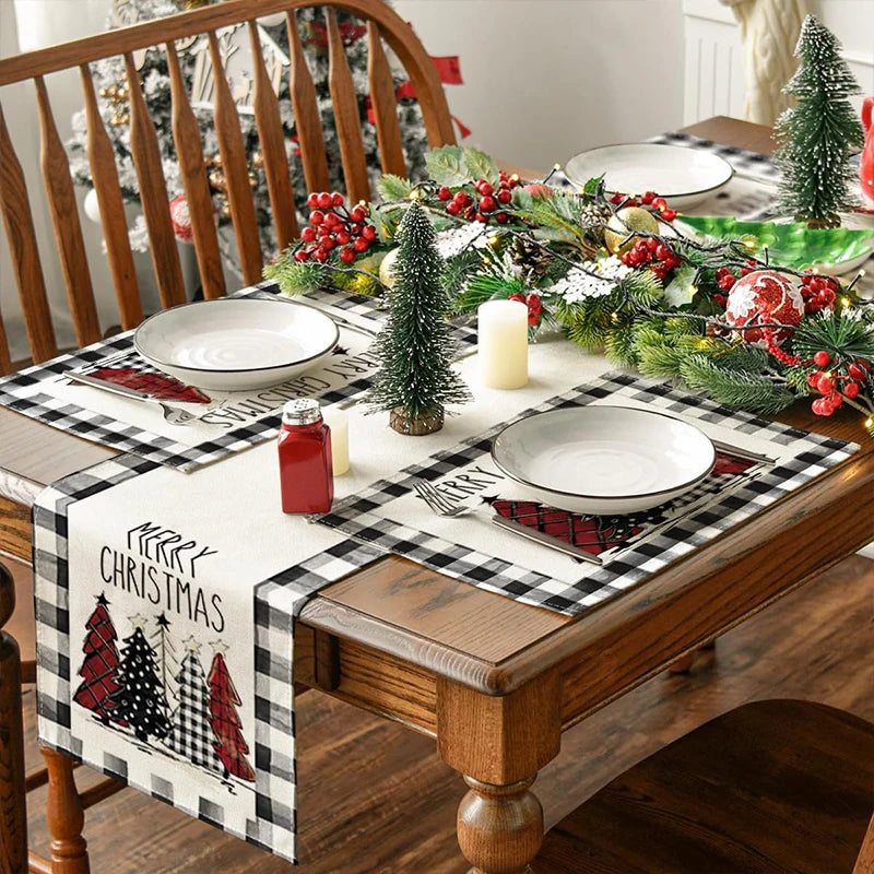 4Pcs Christmas Tree Elk Placemat Linen Dining Table Mats Coaster Bowl Coffee Cup Pad Mat