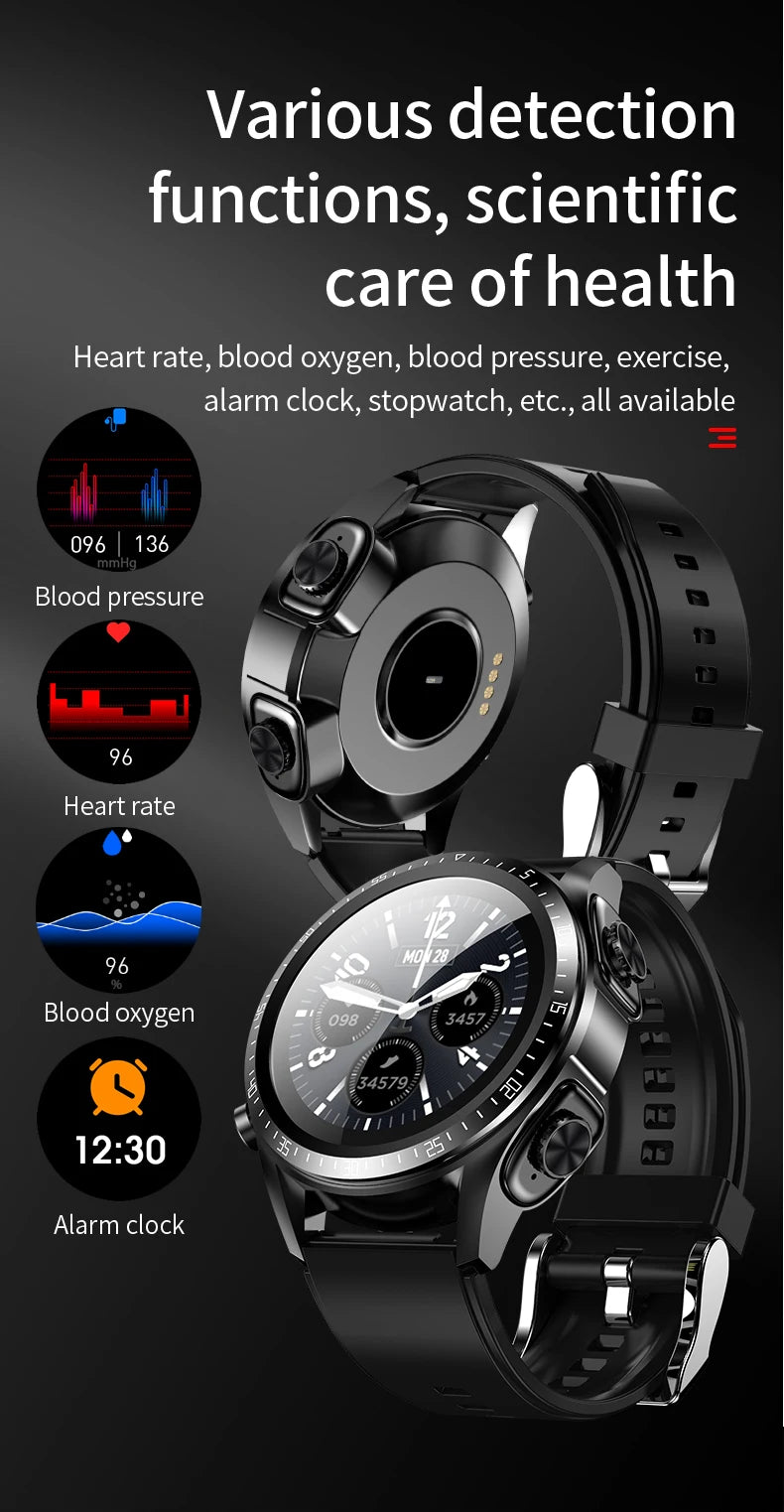 JM03 Headset Smart watch With Earbuds TWS Bluetooth Call Music Control Blood Pressure Detect Smartwatch For Men Android IOS