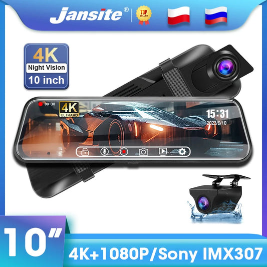 Jansite 10" Car DVR 4K+1080P Dash cam Touch Screen 2160P Dual Lens Rear View Mirror Backup Camera GPS Track Playback 24H Parking