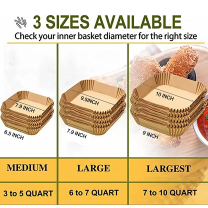 Square XXL Air Fryer Molds, 20cm & 23cm Disposable Parchment Paper Liners, Oven Accessories for 5-8 Liter Oil-Free Fryers