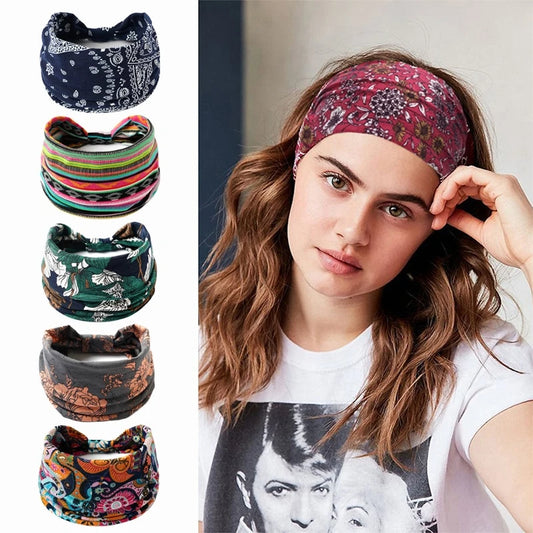 Bohemian Style Elastic Hair Bands Yoga Headband Women Headwear Print Vintage Cross Unisex Scrunchies Hair Accessories