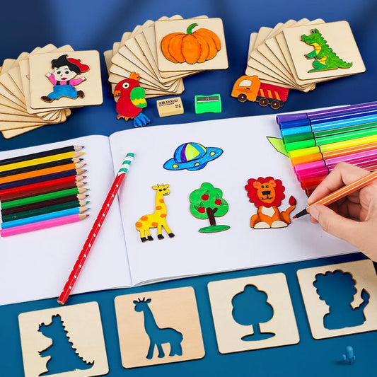 20Pcs Montessori Kids Drawing Toys Wooden DIY Painting Template Stencils Learning Educational Toys for Children