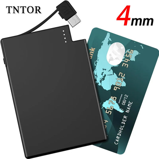 TNTOR 2500mAh Mini Portable Card Power Bank 4mm Ultra-thin Type-c Fast Built-in Cable Backup Battery for iPhone Xiaomi Redmi