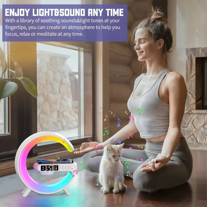 Fast Charging Wireless Charger Desk Lamp LED Smart Wake Up Light RGB Night Light Bluetooth Speaker for Bedroom Bedside Game Room