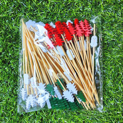 50pcs Christmas Fruit Stickers Santa Claus Snowman Xmas Tree Disposable Bamboo Sticks Cupcake Cake Decor