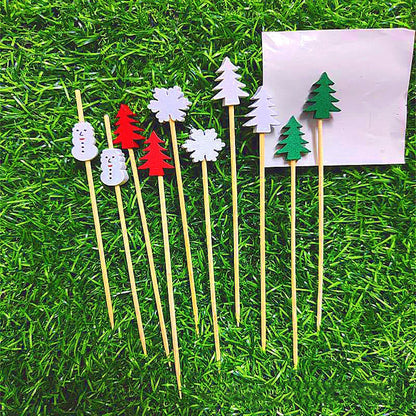 50pcs Christmas Fruit Stickers Santa Claus Snowman Xmas Tree Disposable Bamboo Sticks Cupcake Cake Decor