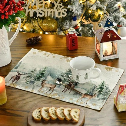 4Pcs Christmas Tree Elk Placemat Linen Dining Table Mats Coaster Bowl Coffee Cup Pad Mat