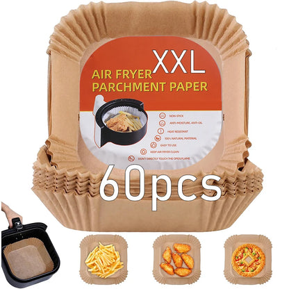 Square XXL Air Fryer Molds, 20cm & 23cm Disposable Parchment Paper Liners, Oven Accessories for 5-8 Liter Oil-Free Fryers