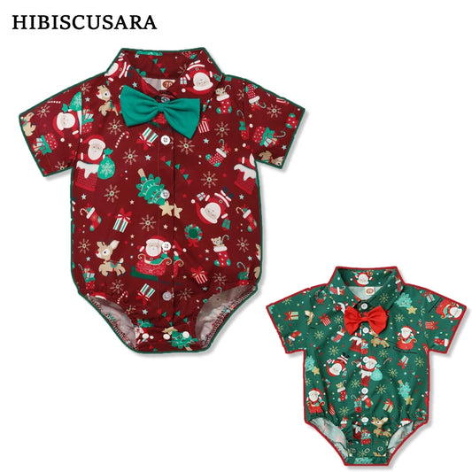 Baby Boy Shirt For Christmas Infant Toddler Short Sleeve Santa Claus Shirts Romper with Bowtie Boys Xmas Clothes Red Green