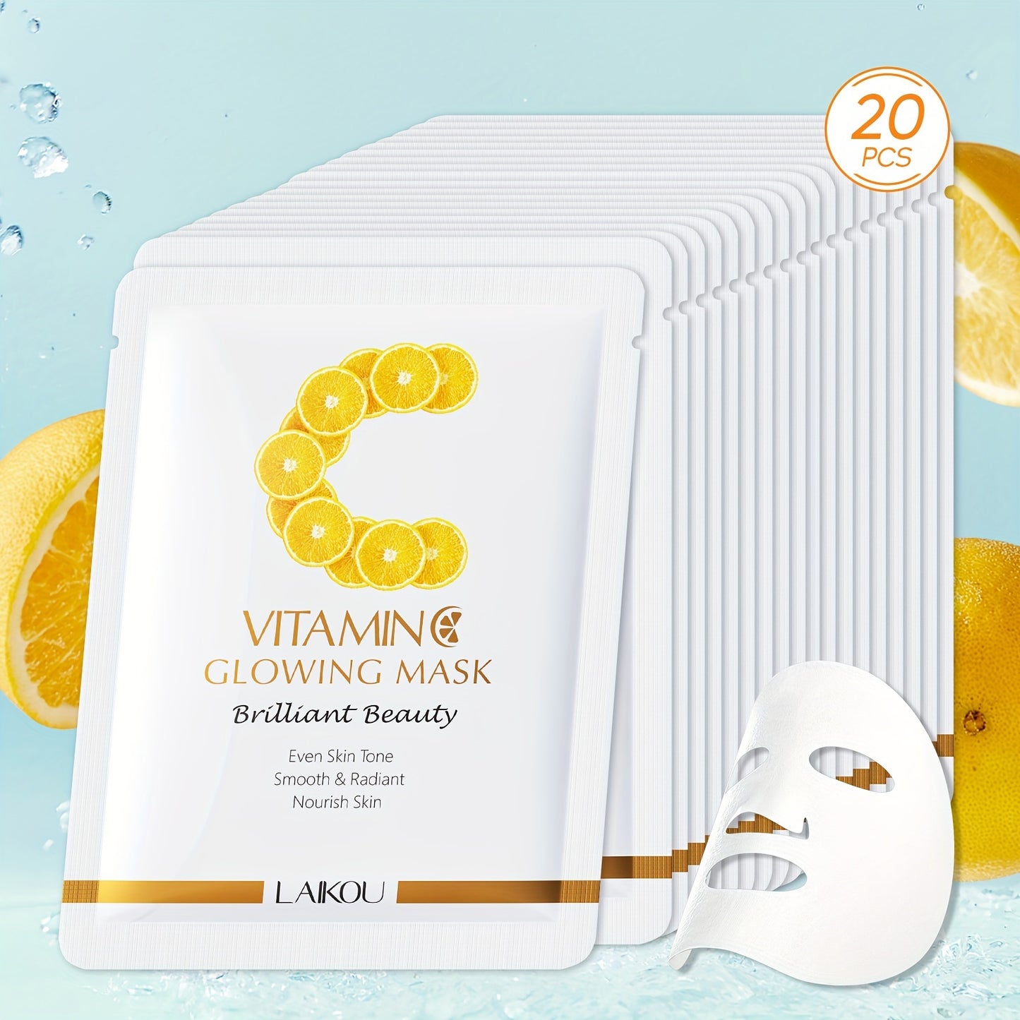 LAIKOU 20pcs Hydrating & Nourishing Sheet Masks - Vitamin C, Snail Collagen & Sakura Essence, Moisturizing, Glycerin, Low Allergy, For Ladies