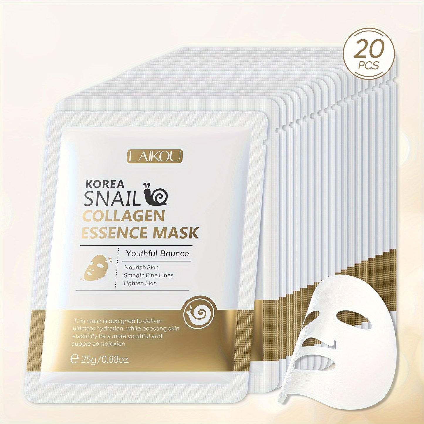 LAIKOU 20pcs Hydrating & Nourishing Sheet Masks - Vitamin C, Snail Collagen & Sakura Essence, Moisturizing, Glycerin, Low Allergy, For Ladies